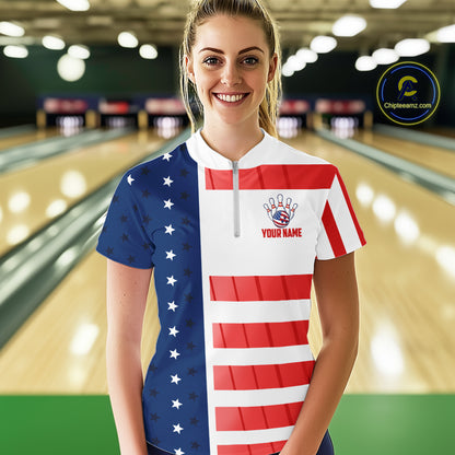 Red, White and Blue American Flag Bowling Shirts For Women Custom Patriotic Bowling Team Jerseys NQS11157