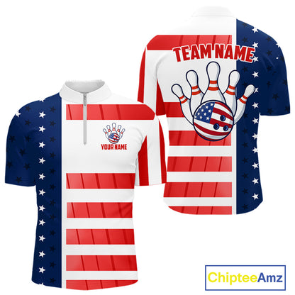 Red, White and Blue American Flag Bowling Shirts For Men Custom Patriotic Bowling Team Jerseys NQS11157