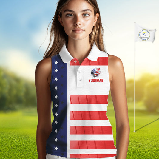 Red, White and Blue American Flag Sleeveless Polo Shirts Custom Patriotic Team Ladies Golf Outfit NQS11158