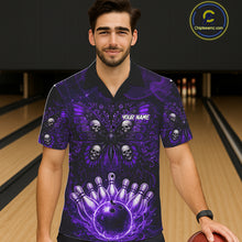 Load image into Gallery viewer, Custom Black &amp; Purple bowling jersey Butterfly skull Bowling Team Shirts, button up bowling shirts NQS11367