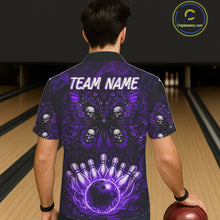 Load image into Gallery viewer, Custom Black &amp; Purple bowling jersey Butterfly skull Bowling Team Shirts, button up bowling shirts NQS11367