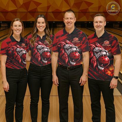 Black and Red Lion Bowling Polo, 1/4 Zip Jersey for Men, Lion Bowling Team League shirts NQS11572