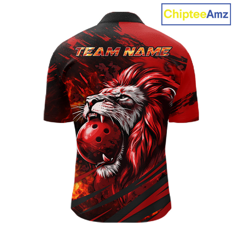 Black and Red Lion Bowling Polo, 1/4 Zip Jersey for Men, Lion Bowling Team League shirts NQS11572