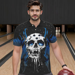 Custom Black and Blue Flame Galaxy Skull Bowling Shirts for Men, Skull Bowling Team Shirts Uniform NQS9622