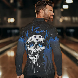 Custom Black and Blue Flame Galaxy Skull Bowling Shirts for Men, Skull Bowling Team Shirts Uniform NQS9622