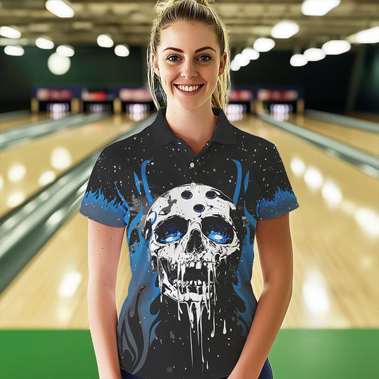 Custom Black and Blue Flame Galaxy Skull Bowling Shirts for Women, Skull Bowling Team Shirts Uniform NQS9622