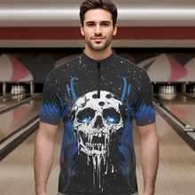 Load image into Gallery viewer, Custom Black and Blue Flame Galaxy Skull Bowling Shirts for Men, Skull Bowling Team Shirts Uniform NQS9622