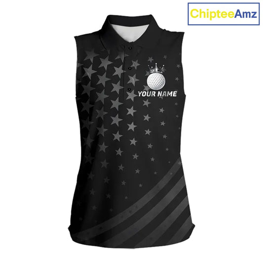 Custom Black American Flag Sleeveless Golf Polo shirt, Personalized patriotic Ladies Golf top NQS11707