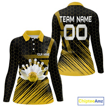 Load image into Gallery viewer, Black And Gold Custom Bowling Polo, Quarter Zip Shirts For Women, Bowling Team League Jersey NQS9810