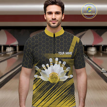 Load image into Gallery viewer, Black And Gold Custom Bowling Polo, Quarter Zip Shirts For Men, Bowling Team League Jersey NQS9810
