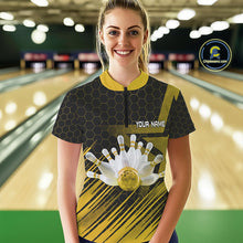 Load image into Gallery viewer, Black And Gold Custom Bowling Polo, Quarter Zip Shirts For Women, Bowling Team League Jersey NQS9810