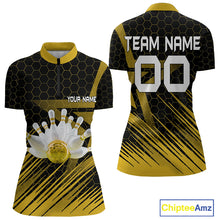 Load image into Gallery viewer, Black And Gold Custom Bowling Polo, Quarter Zip Shirts For Women, Bowling Team League Jersey NQS9810