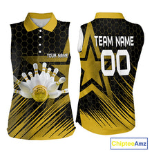 Load image into Gallery viewer, Black And Gold Custom Bowling Women Sleeveless Polo Shirt, Bowling Team League Jersey NQS9810