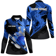 Load image into Gallery viewer, Personalized black &amp; blue flame Bowling Polo, Quarter Zip shirt For women custom bowling team jerseys NQS7579