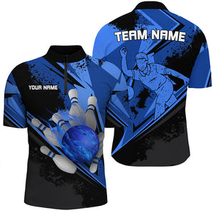 Personalized black & blue flame Bowling Polo, Quarter Zip shirt For men custom bowling team jerseys NQS7579