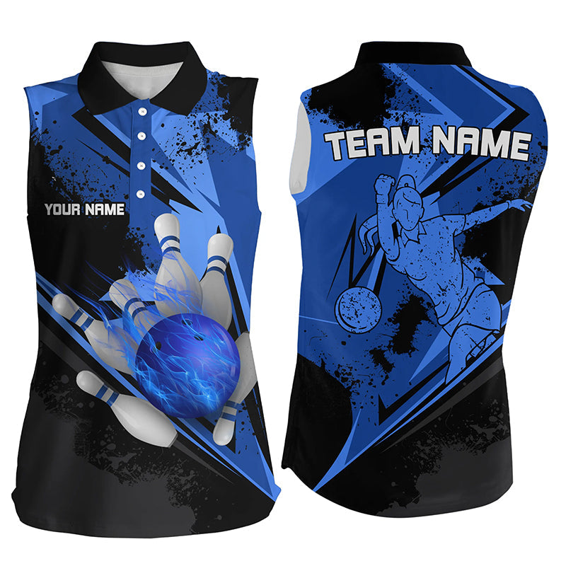 Personalized black & blue flame Bowling Sleeveless Polos shirt For women custom bowling team jerseys NQS7579