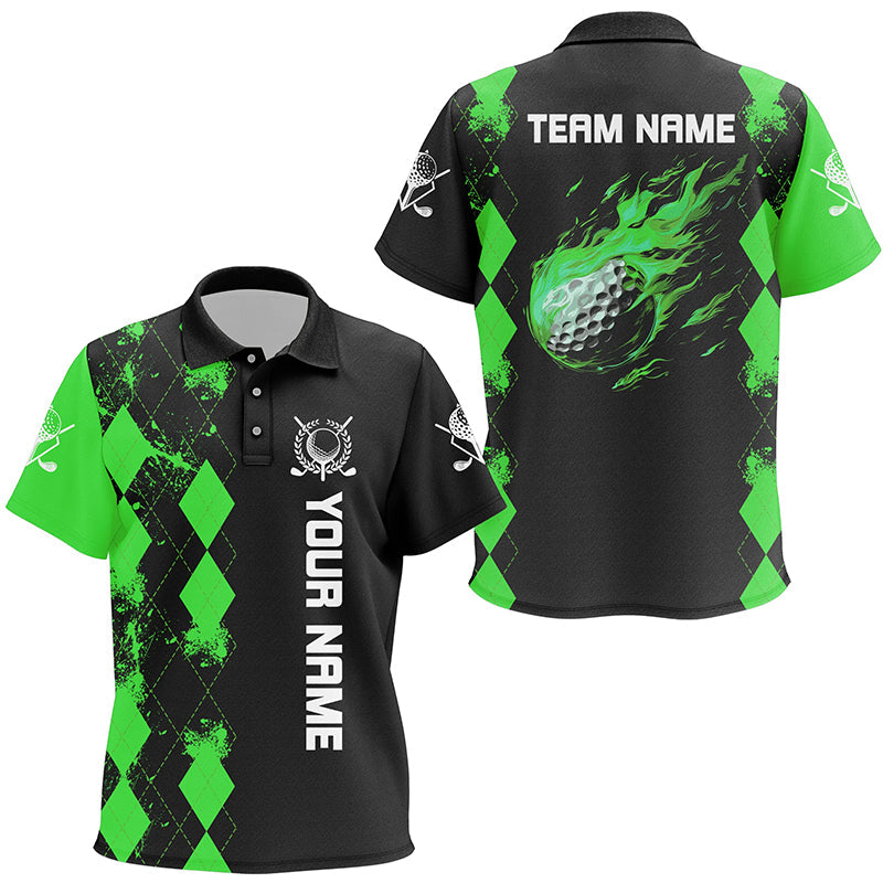 Black Kid golf polos shirt custom green argyle pattern flame golf ball golf tops for Kid NQS7714