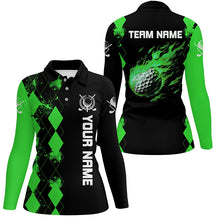 Load image into Gallery viewer, Black Womens golf polo shirts custom green argyle pattern flame golf ball golf tops for team ladies NQS7714