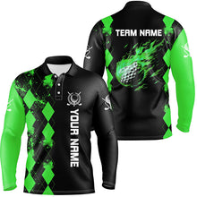 Load image into Gallery viewer, Black Mens golf polo shirts custom green argyle pattern flame golf ball golf tops for mens NQS7714