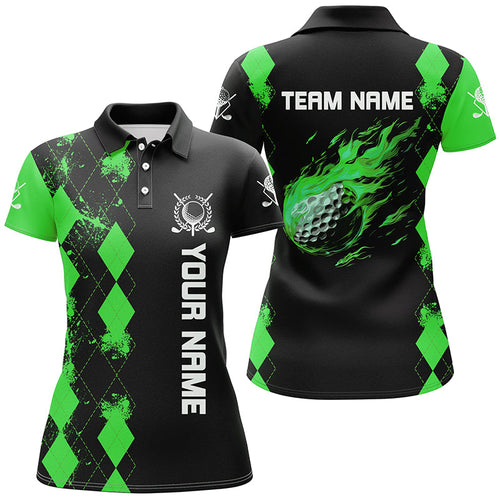 Black Womens golf polo shirts custom green argyle pattern flame golf ball golf tops for team ladies NQS7714