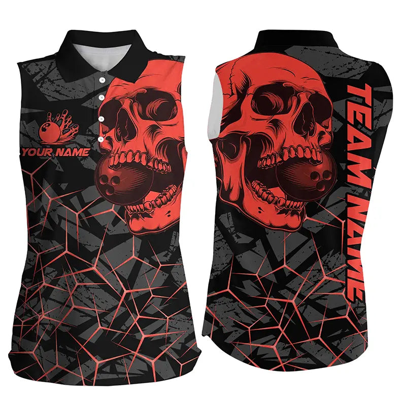 Black Skull camo bowling Sleeveless Polo shirts custom bowling team jerseys | Red NQS7716