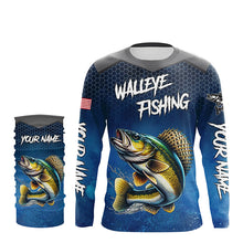 Load image into Gallery viewer, Blue camo Walleye fishing Custom performance long sleeve team Walleye fishing tournament shirts NQS7718