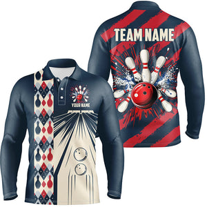 Personalized Red, white and blue Retro bowling Polo, Quarter Zip shirts for Men, Bowling Team Jerseys NQS7722