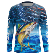 Load image into Gallery viewer, Personalized Tuna Saltwater Blue Camo American flag patriotic Long Sleeve Performance Fishing Shirts NQS5845