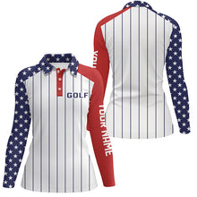 Load image into Gallery viewer, Women golf polo shirt custom red, white and blue American flag patriotic stripes golf attire for women NQS7970