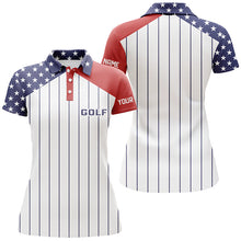 Load image into Gallery viewer, Women golf polo shirt custom red, white and blue American flag patriotic stripes golf attire for women NQS7970