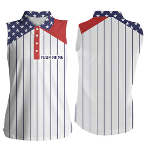 Women sleeveless polo shirt custom red, white and blue American flag patriotic stripes golf attire NQS7970