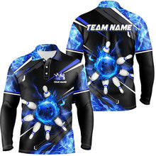 Load image into Gallery viewer, Black and Blue Flame Bowling ball pins Mens polo, Quarter zip Shirts Custom team Bowling jerseys NQS7972
