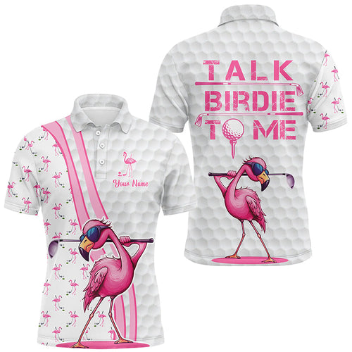 Funny Mens golf polo shirt custom pink and white flamingo golf shirts talk birdie to me NQS8610