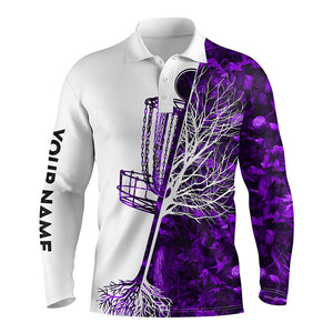 Mens disc golf polo shirt custom purple camo disc golf basket, personalized disc golf shirts NQS4632