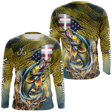 Load image into Gallery viewer, Walleye Fishing Scales Camo American Flag Faith patriotic Custom UV protection long sleeves shirts NQS9310