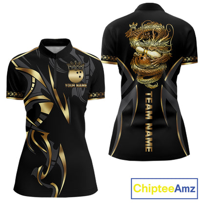 Black and Gold Dragon Bowling ball Polo, Quarter Zip Shirts for Women Custom Bowling Team jerseys NQS11579