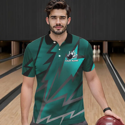 Cyan Blue Lightning Thunder Storm Team bowling shirts for Men custom bowling Polo, Quarter zip jerseys NQS9626