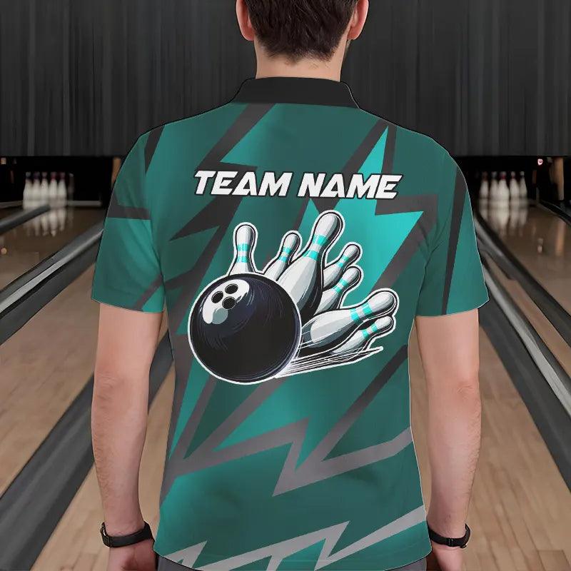 Cyan Blue Lightning Thunder Storm Team bowling shirts for Men custom bowling Polo, Quarter zip jerseys NQS9626