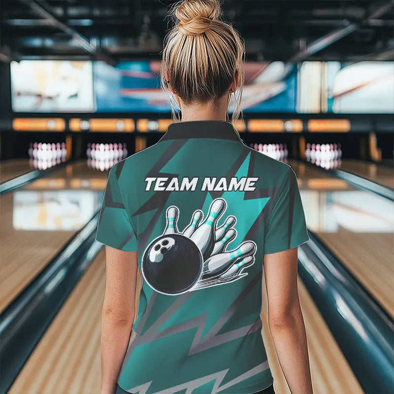 Cyan Blue Lightning Thunder Storm Team bowling shirt for women custom bowling Polo, Quarter zip jersey NQS9626