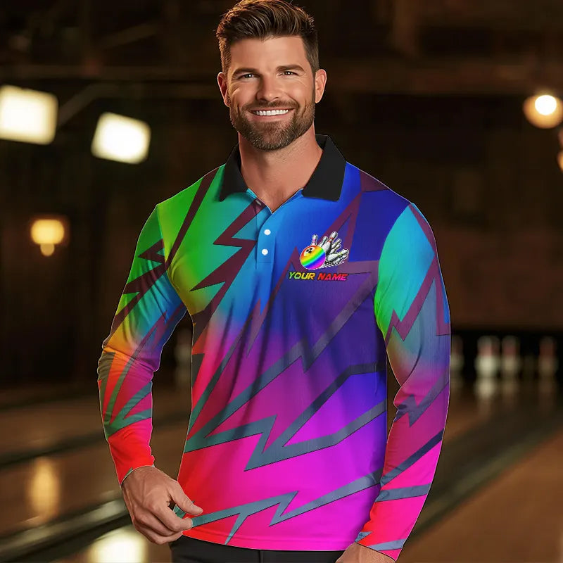 Colorful Rainbow Lightning Thunder Team bowling shirt for Men custom bowling Polo, 1/4 zip jersey NQS9627