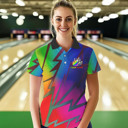 Colorful Rainbow Lightning Thunder Team bowling shirt for women custom bowling Polo, 1/4 zip jersey NQS9627