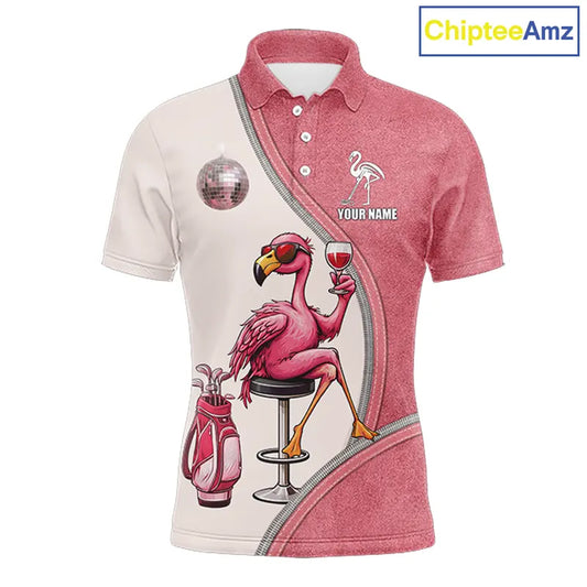 Custom Funny Pink Flamingo Drink Wine Golf Polo Shirts For Men, Flamingo Mens Golf tops NQS11711