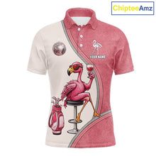 Load image into Gallery viewer, Custom Funny Pink Flamingo Drink Wine Golf Polo Shirts For Men, Flamingo Mens Golf tops NQS11711
