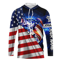 Load image into Gallery viewer, Bass Fishing 3D American Flag patriotic blue galaxy Custom UV protection long sleeve Fishing Shirts NQS5396