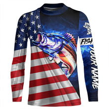 Load image into Gallery viewer, Bass Fishing 3D American Flag patriotic blue galaxy Custom UV protection long sleeve Fishing Shirts NQS5396