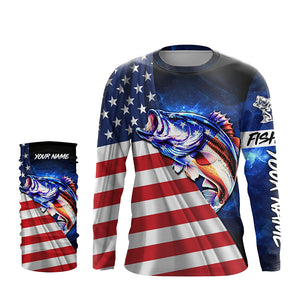 Bass Fishing 3D American Flag patriotic blue galaxy Custom UV protection long sleeve Fishing Shirts NQS5396