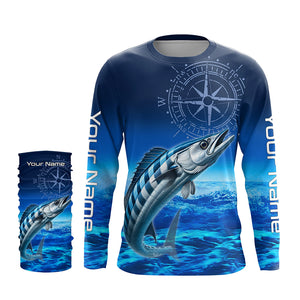 Personalized Wahoo Blue Long Sleeve Performance Fishing Shirts, compass tournament UV protection Shirt NQS5850