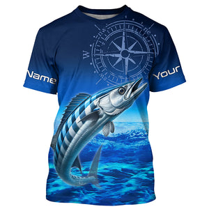 Personalized Wahoo Blue Long Sleeve Performance Fishing Shirts, compass tournament UV protection Shirt NQS5850