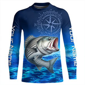 Personalized Striped bass Blue Long Sleeve Performance Fishing Shirt, compass striper tournament Shirt NQS5852