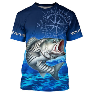 Personalized Striped bass Blue Long Sleeve Performance Fishing Shirt, compass striper tournament Shirt NQS5852